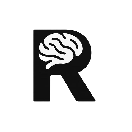 Black letter 'R' with a white brain illustration inside on a white background. Rewired Logo.